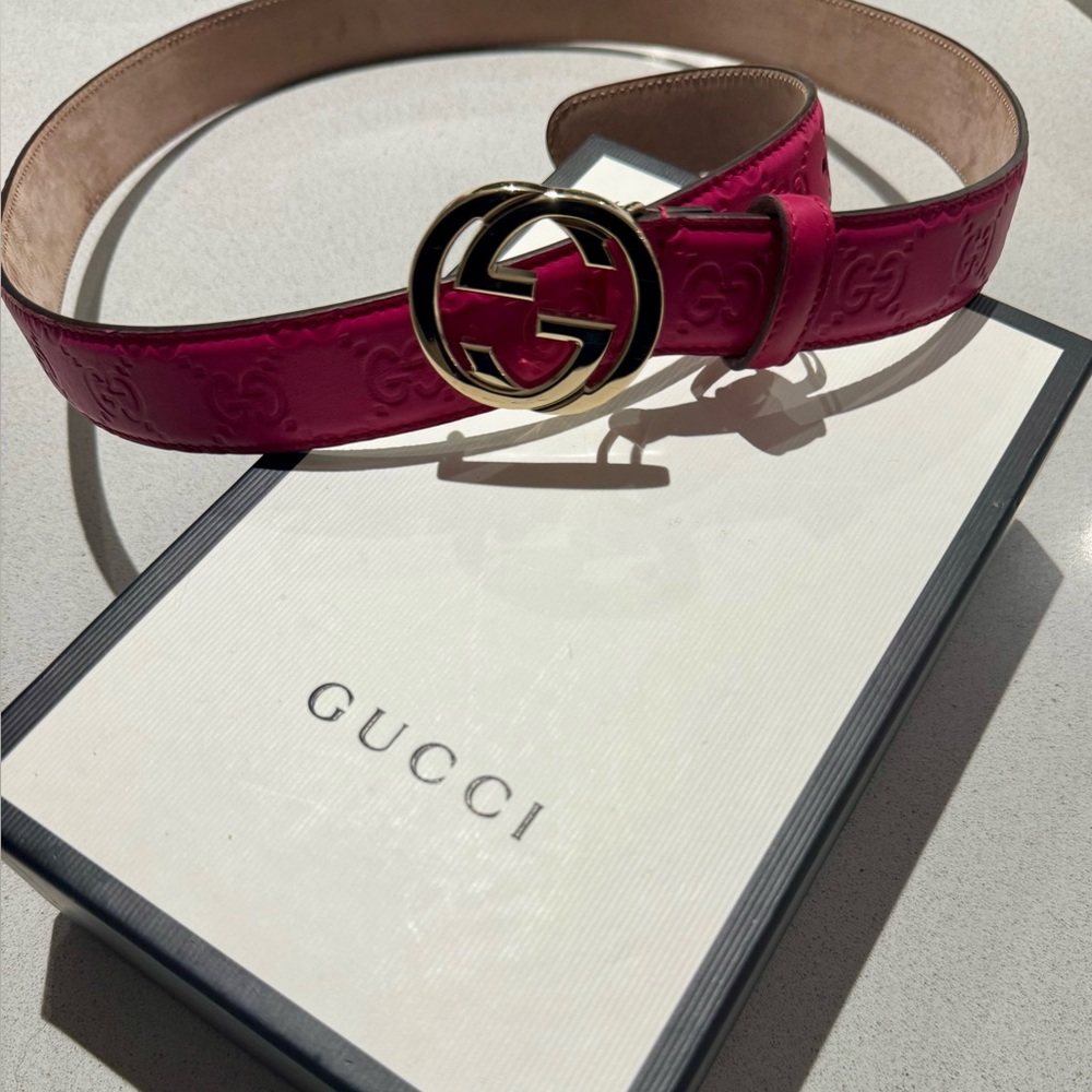 Gucci Pink GG Embossed Leather Belt Gold Interlocking G 95/38 w/ Box